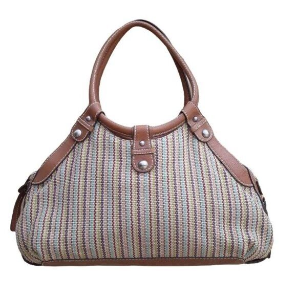 Fossil Bucket Bag Tote Boho Retro Rainbow Striped Tapestry Round Top Handle Sz L - Picture 9 of 14